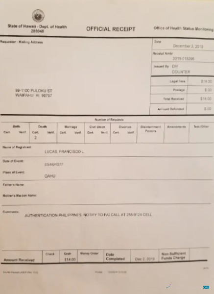 Download Hawaii Office of health status monitoring death certificate Photoshop template